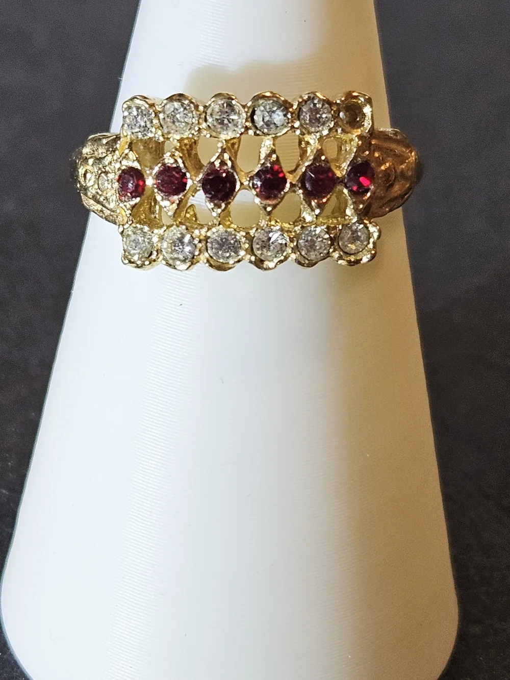 Vintage Style Gold Ring with Red and Clear Stones. Size 8 - Picture 1 of 6